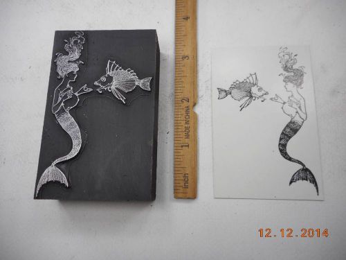 Letterpress Printing Printers Block, Fantasy Mermaid feeding Fish