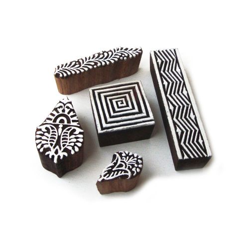 Hand Crafted Floral &amp; Spiral Designs Wooden Printing Blocks (Set of 5)