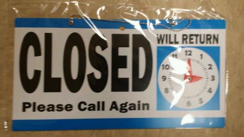 OPEN CLOSED SIGN 11.5&#034; x 6&#034; Double Sided Hanging Plastic WILL RETURN Clock