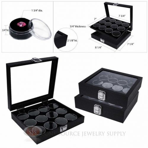 (3) black 12 gem jar inserts w/ glass top display cases gemstone storage jewelry for sale