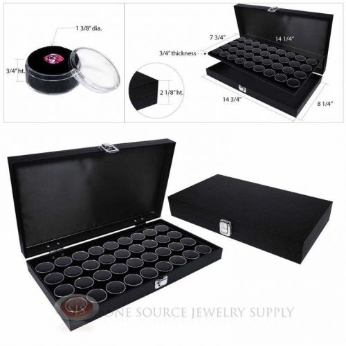 (2) black wooden solid top display cases w/ 2 black 36 gem jar gemstone inserts for sale