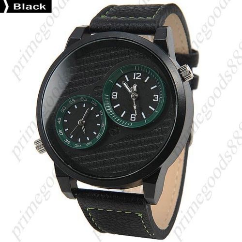 2 Time Zones Zone Round Quartz Analog PU Leather Wrist Men&#039;s Wristwatch Black