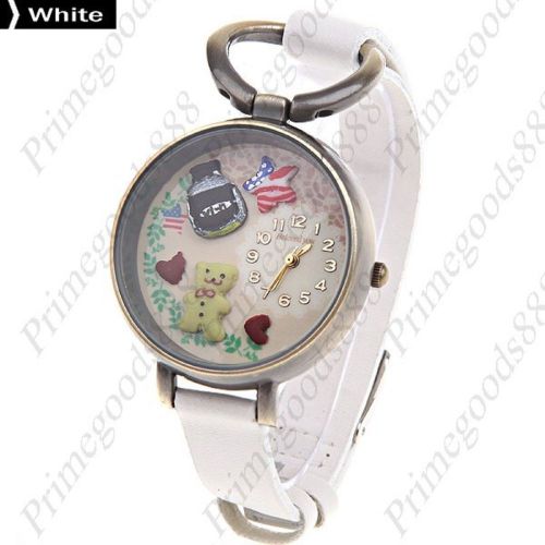 Teddy Bear Star PU Leather Lady Ladies Wrist Quartz Wristwatch Women&#039;s White