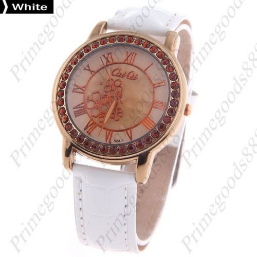 Flowers round pu leather lady ladies wrist quartz wristwatch women&#039;s white for sale