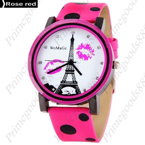 Kiss Eiffel Tower Wrist Quartz PU Leather Wristwatch Women&#039;s Paris Rose Red