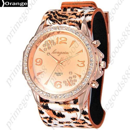 Leopard Rhinestones PU Leather Analog Quartz Wrist Wristwatch Women&#039;s Orange