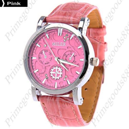 Round PU Leather Lady Ladies Analog Wrist Quartz Wristwatch Women&#039;s Pink