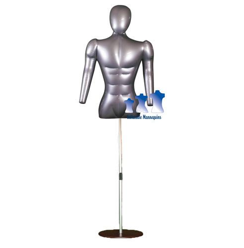 Inflatable male torso w/ head &amp; arms silver and aluminum adjustable stand, brown for sale