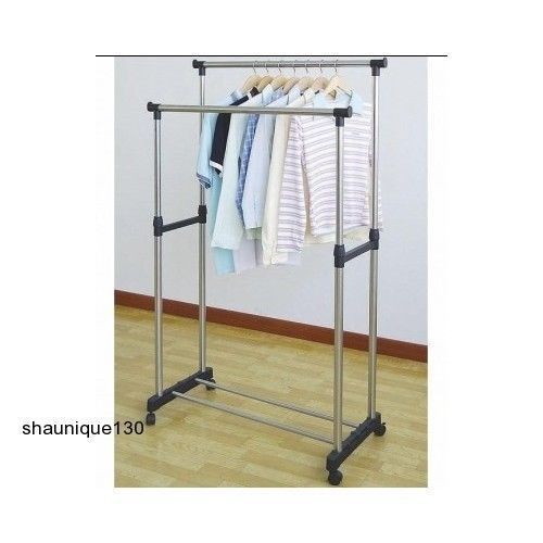 Clothing Garment Rack Adjustable Double Hang Closet Space Saver Storage Rolling