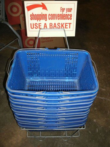 Set of 14 used shopping plastic baskets, royal blue, w/ metal handles + stand for sale