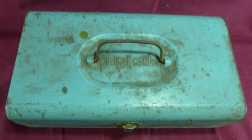 VINTAGE TIN &#034;BERNZ-O-MATIC&#034; PROPANE BOTTLE BOX Teal Turquoise Blue Case Torch