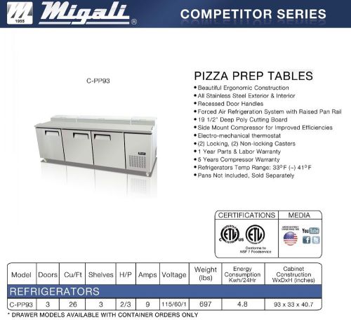 Migali Three Door 93&#034; Pizza Prep Table C-PP93 - Free Shipping!