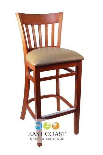 New Gladiator Cherry Vertical Back Wooden Bar Stool with Tan Vinyl Seat