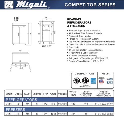 New Migali Two Door Upright Reach-In Freezer C-2F - Free Shipping!!