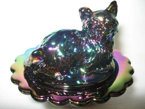 amethyst carnival glass salt cellar / celt cat kitten on nest basket dish purple