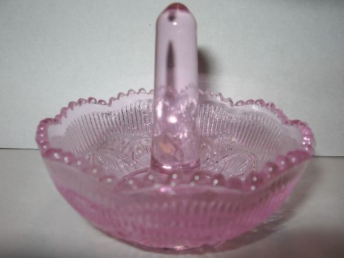 Pink rose cranberry glass ring holder post powder jewelry box dresser tray dish