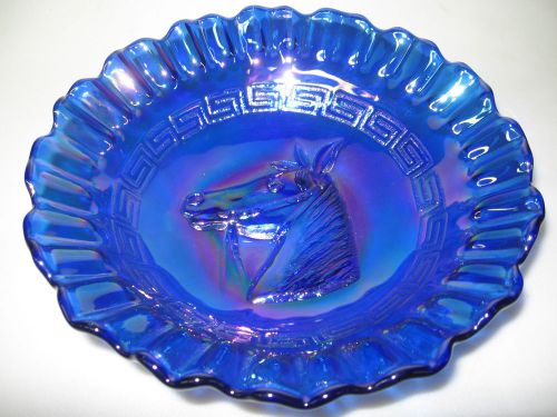 Cobalt Blue iridescent Carnival glass horse pony serving candy fruit bowl purple