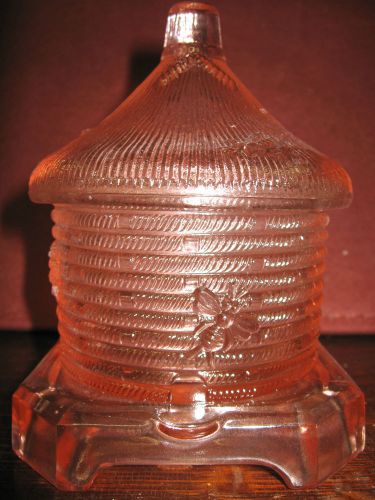 Pink rose glass serving honey pot bee hive pattern jar dish boyd cranberry bowl