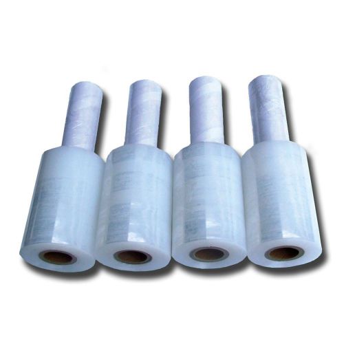 4 Rolls Stretch Plastic Wrap 3&#034; x 1000&#039; x 80ga, with one plastic handle