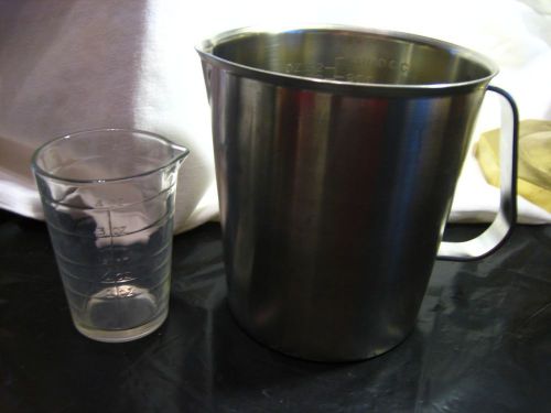 2 MEDICAL/MEASUREMENT BEAKERS-ONE GLASS ONE METAL-MINT CONDITION