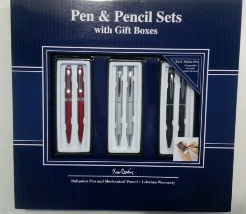 3 sets Pierre Cardin Pen &amp; Pencil w/gift box Black, Red, Silver with  stylus pen
