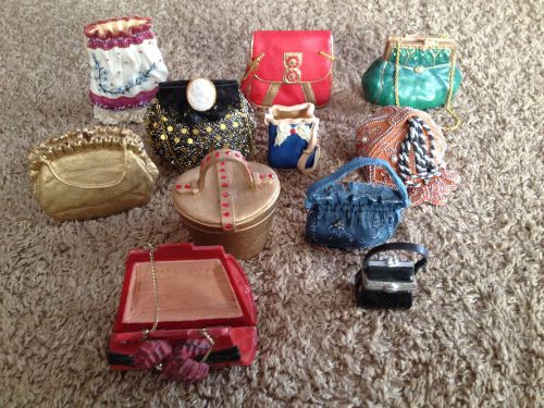 Lot of 10 ceramic purse pocket book handbags miniture figurines,  nostalgia for sale