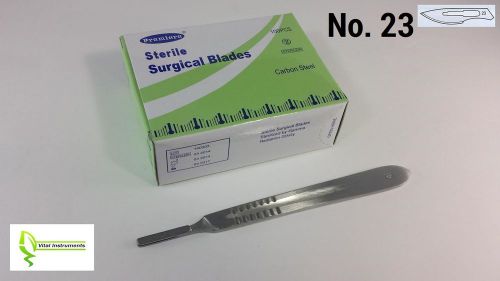 100 Surgical Scalpel Blades #23 Sterile Carbon Steel + 1 Scalpel Handle #4
