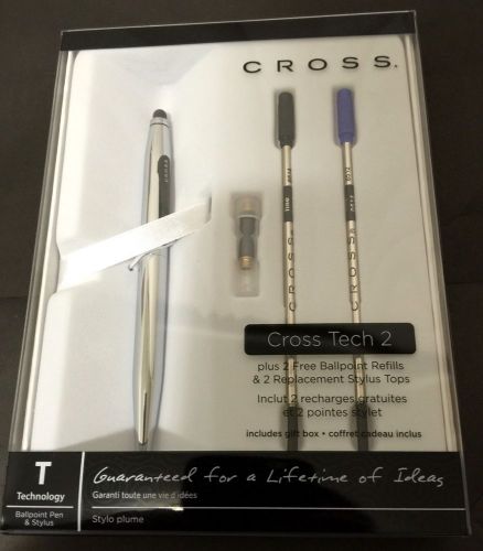 Cross Tech2 Ballpoint &amp; Stylus Pen, Medium Point 0.7mm, Chrome Barrel, Brand New