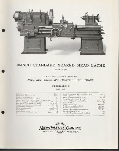 2 Page Circular 5/6/24 Reed Prentice Co Machine Tools Worcester Mass 18&#034; Lathe