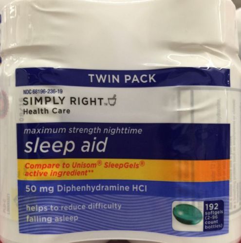 Simply right sleep aid maximum strenght 50mg diphenhydramine192ct / 2 pack for sale