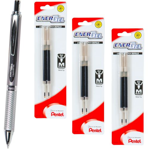 Pentel EnerGel Alloy RT BL407A Pen, 0.7mm, Black Ink With 3 Packs of Refills