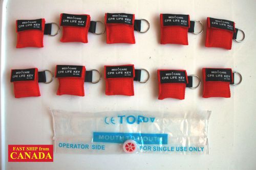 10pcs cpr mask face shield in pouch w/ key chain, 1-way valve, 2&#034; x 2&#034;, red for sale