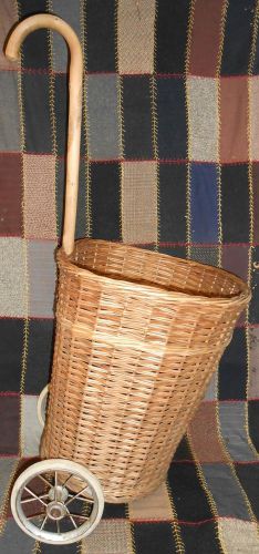 Vintage COUNTRY FRENCH WICKER ROLLING SHOPPING CART or FLOWER BASKET