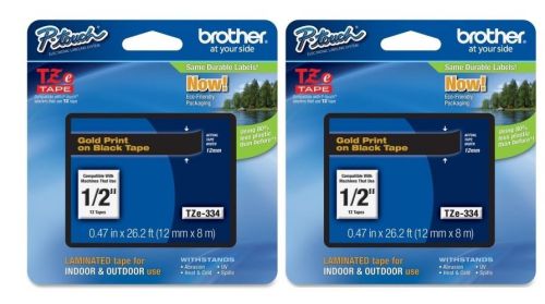 2 Packs - Brother TZe-334 12mm 1/2&#034; Gold on Black   P-Touch TZ tape