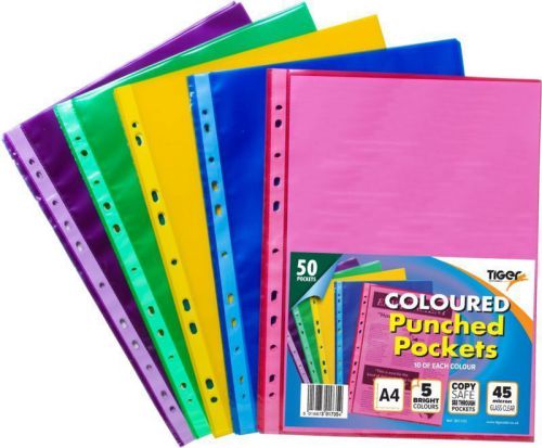 A4 Strong Plastic Coloured Punched Pockets Folders Wallets Sleeves Glass Clear