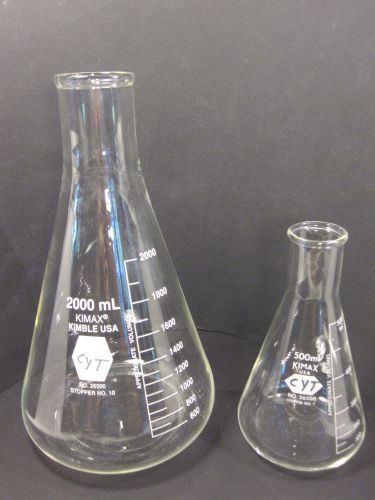 Lot 2 Kimble Kimax Glass 500mL 2000mL Conical Graduated Erlenmeyer Flasks 26500