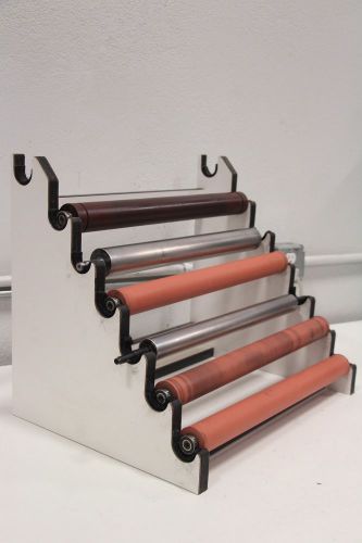 Lot of (6) Printing Press Rubber Chrome Rollers with Stand