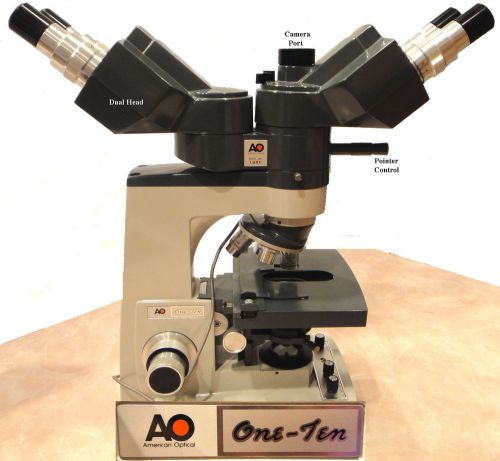 Dual Head A.O. Microstar One-Ten Model 1130 Teaching Microscope w/camera port.
