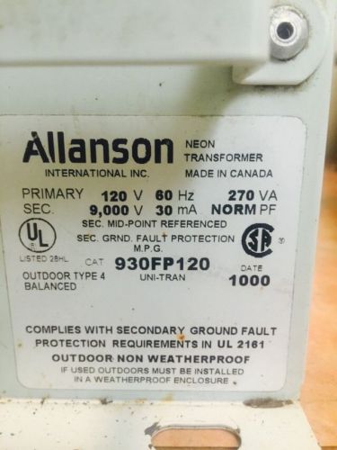 ALLANSON 9000v NEON TRANSFORMER OUTDOOR TYPE 4 BALANCED