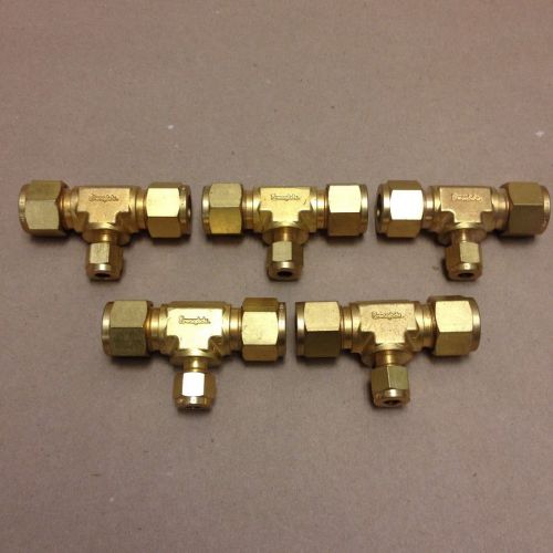 (lot of 5) swagelok b-810-3-8-4,  brass reducing union tee 1/2&#034;x1/2&#034;x1/4&#034; od for sale