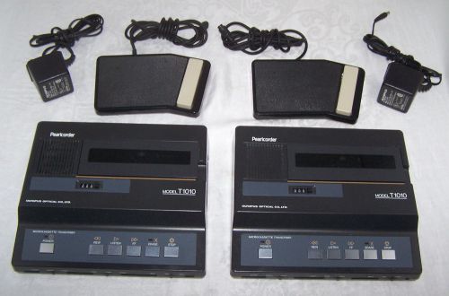 2 OLYMPUS Pearlcorder T1010 Microcassette Transcriber W/AC and Foot Pedals.