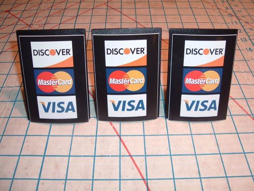 3 CREDIT debit CARD DECAL STICKERs Visa MasterCard Discover counter table top