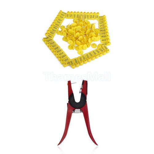 Pig Ear Tag Plier Sheep Cow Puncher Marker Tagger+100Sets Yellow Ear tags Labels