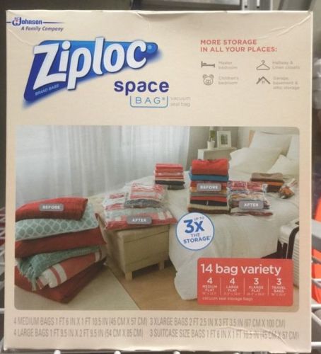New ! 14Pk Ziploc Space Bags 11 Vacuum Seal Bags (3 sizes) 3 Roll Up Travel Bags