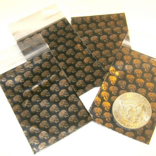 100 Golden Skulls Baggies 3 x 3&#034;  Mini Ziplock Bags Apple brand reclosable