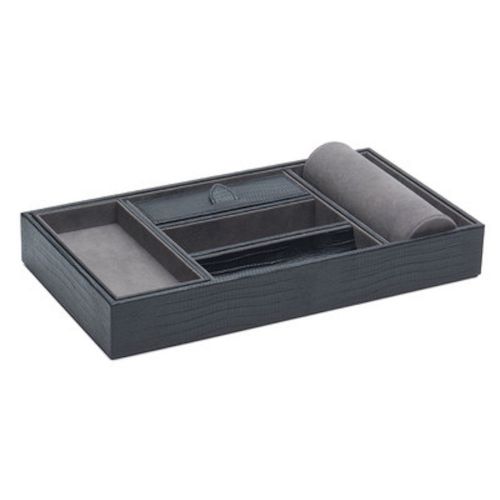Wolf blake black lizard leather valet tray with cuff and contrasting grey lining for sale