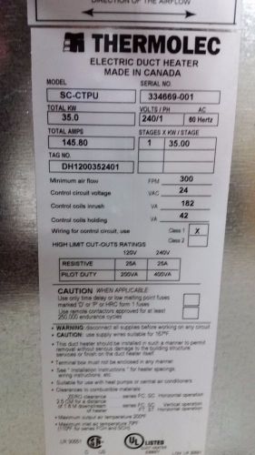 Thermolec, Duct Heater, 35.0kw 240v 1 phase 145.8A