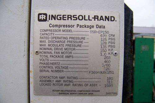 Ingersoll rand ssr ep150  150 hp. rotary screw air compressor for sale