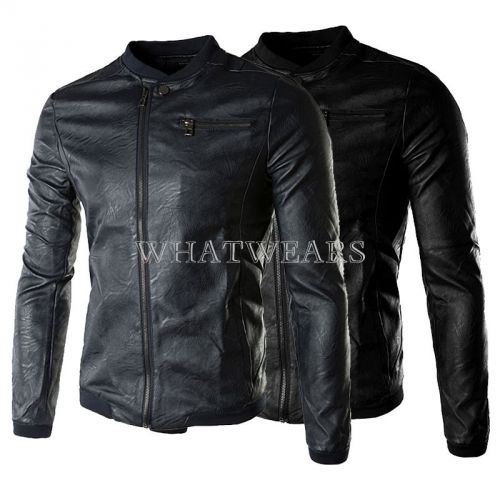 Mens Slim Designed Coat Jacket Outwear PU Leather Stand Collar Zipper #F2