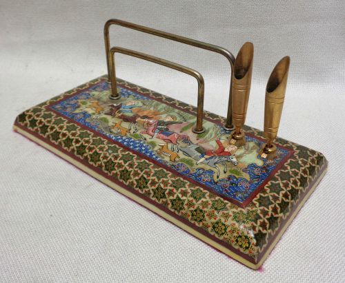Decorative Antique Paper &amp; Pen Holder w. Persian Hunt Scene/ Inlaid Star Pattern